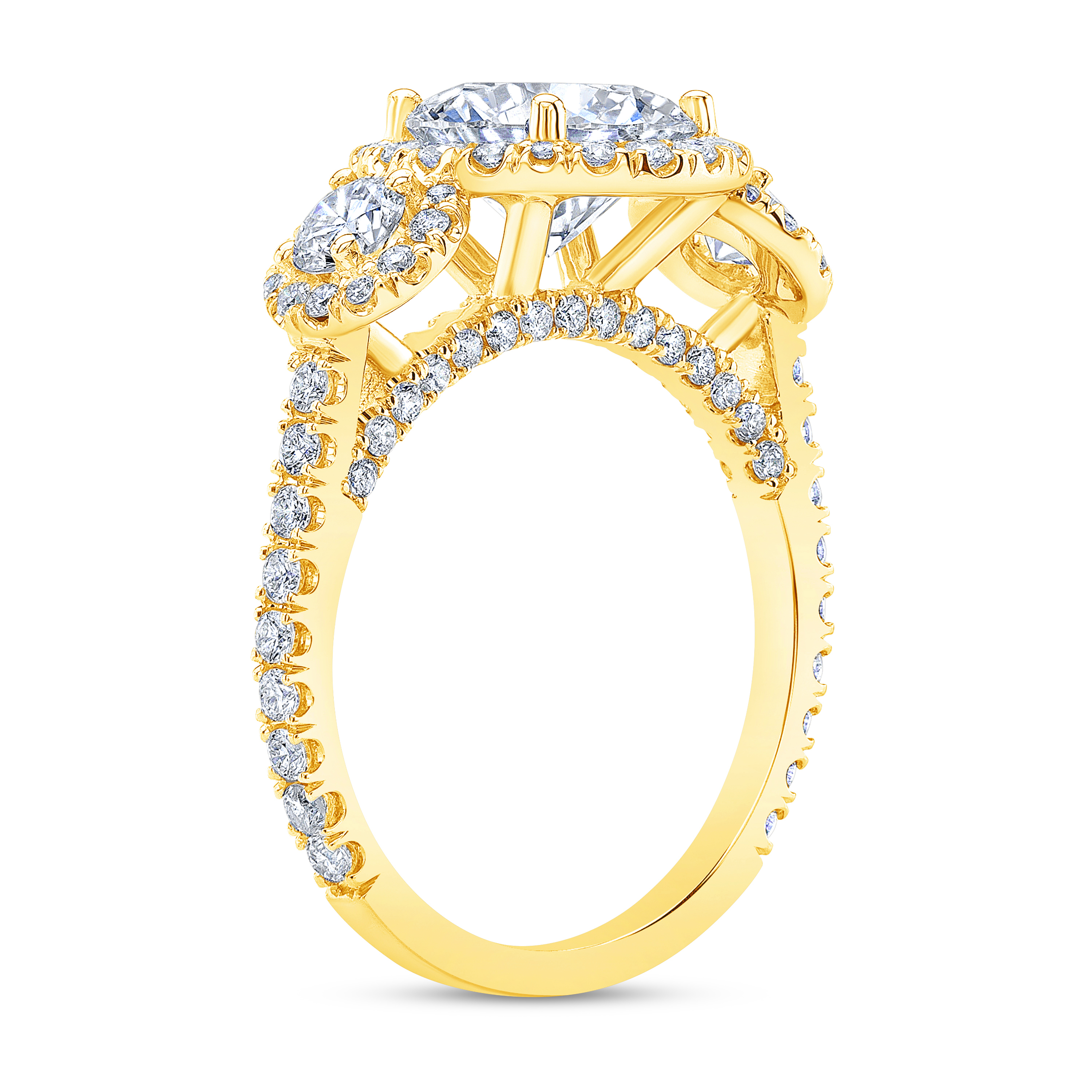 3 Stone Halo Pave Diamond Engagement Ring in yellow gold 