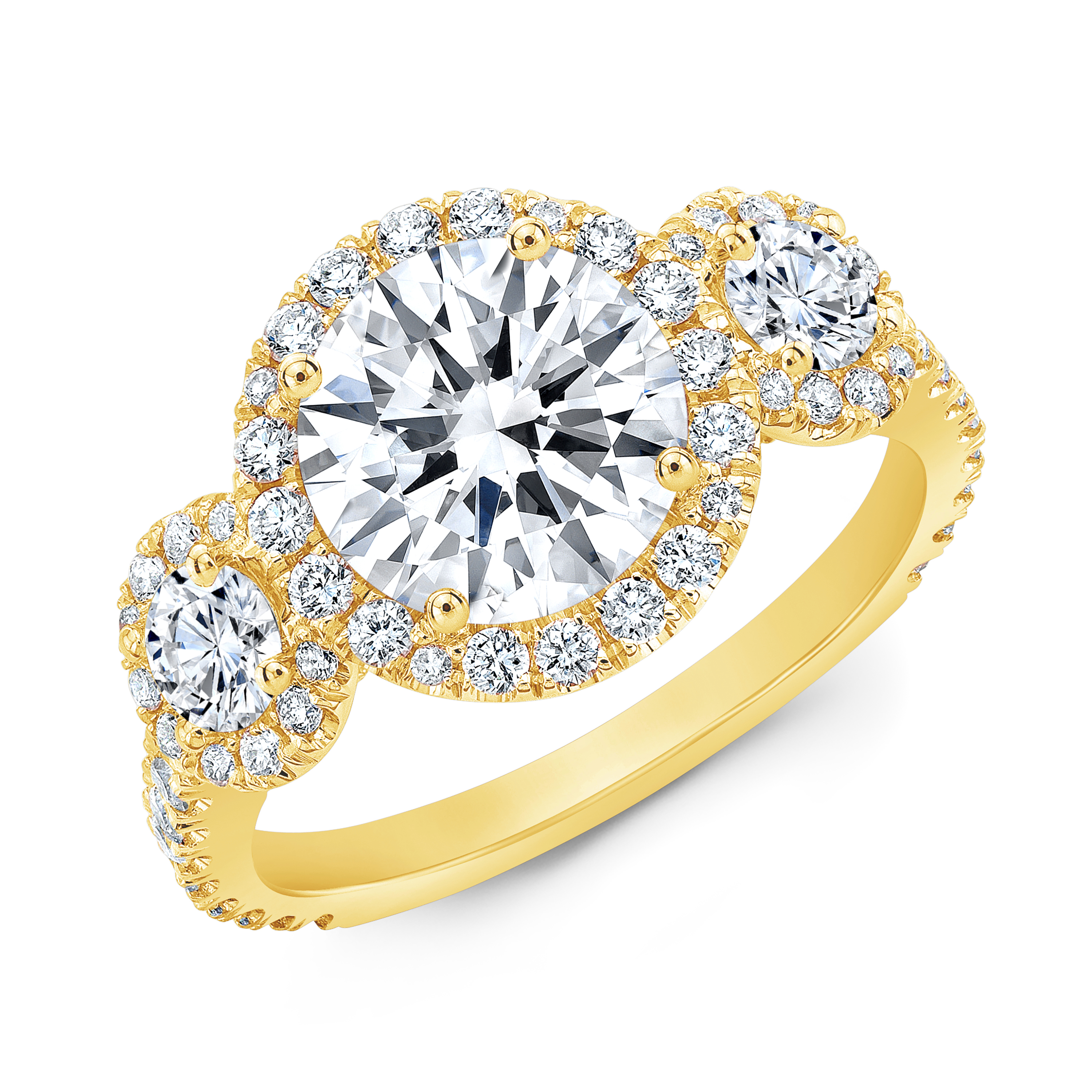 3 Stone Halo Pave Diamond Engagement Ring