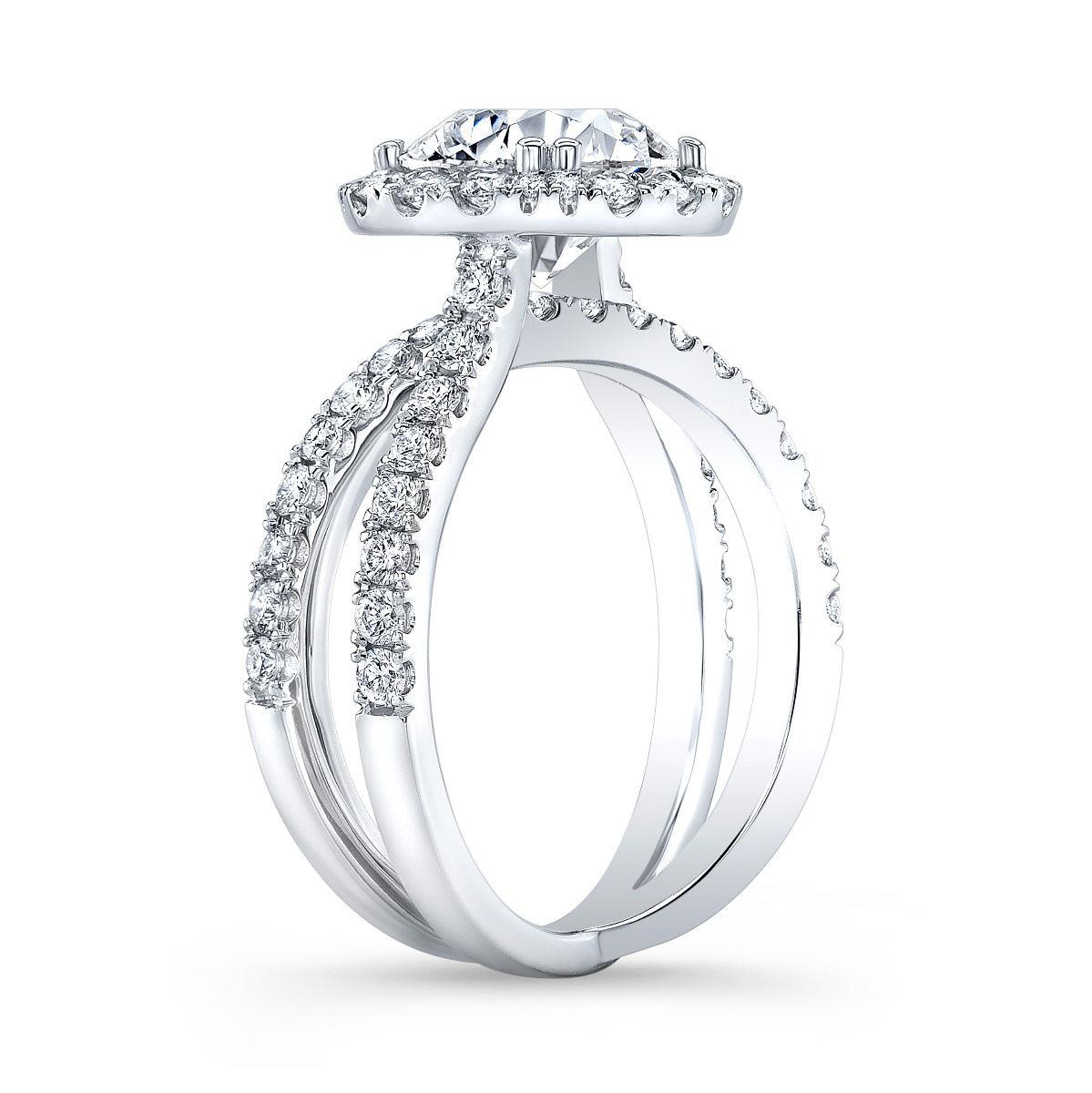 Halo Twisted Split Shank Diamond Engagement Ring