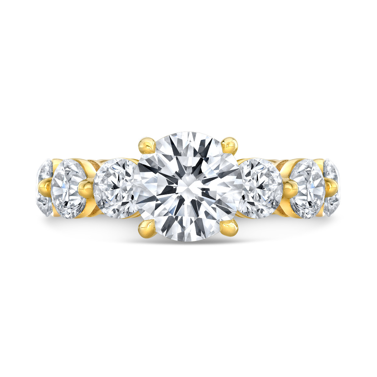 Natural round diamonds eternity engagement ring in yellow gold.