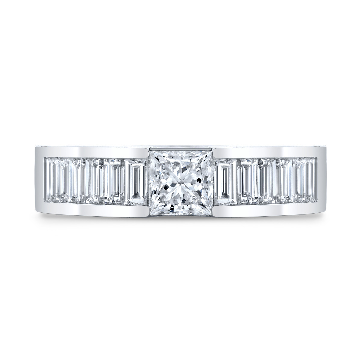 12 Baguette-cut diamonds on a white gold wide band with a beautiful Princess cut center stone.
