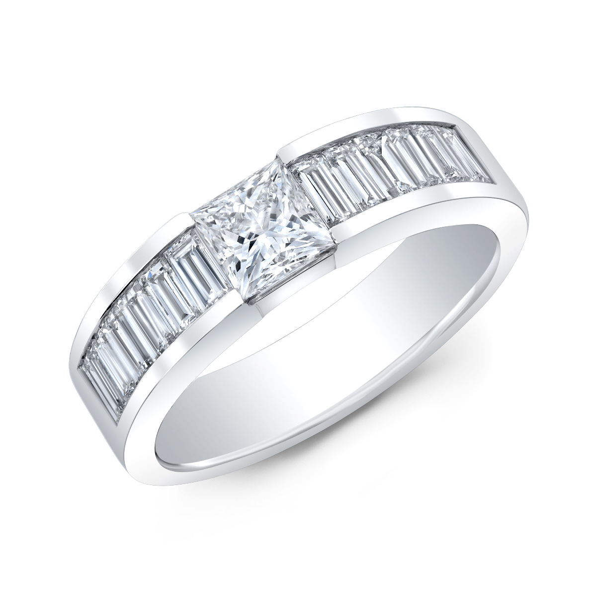 Princess Cut center stone with a wide band Baguettes on a channel set.