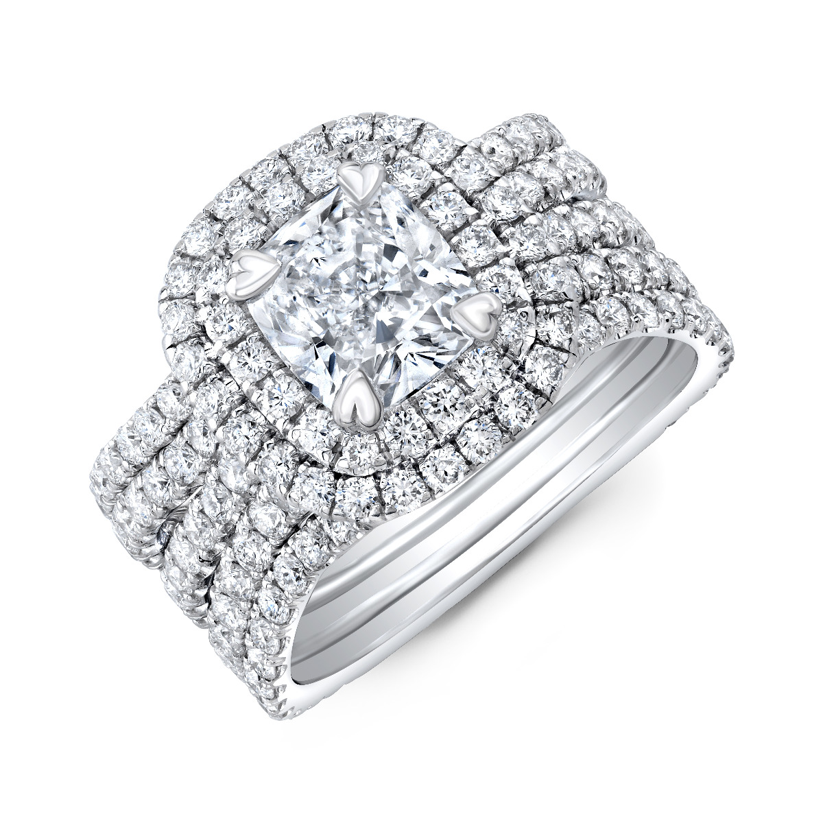 Double Halo 5 Row Curved Shank Diamond Engagement Ring