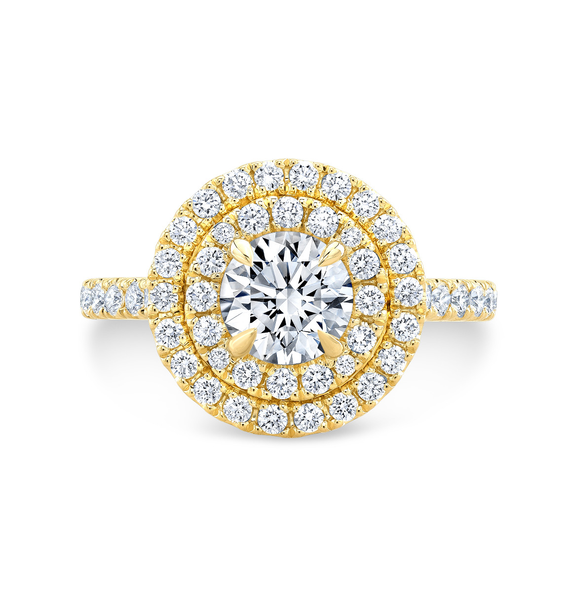 luxurious double Halo U-prong, pave natural diamonds engagement ring in yellow gold.