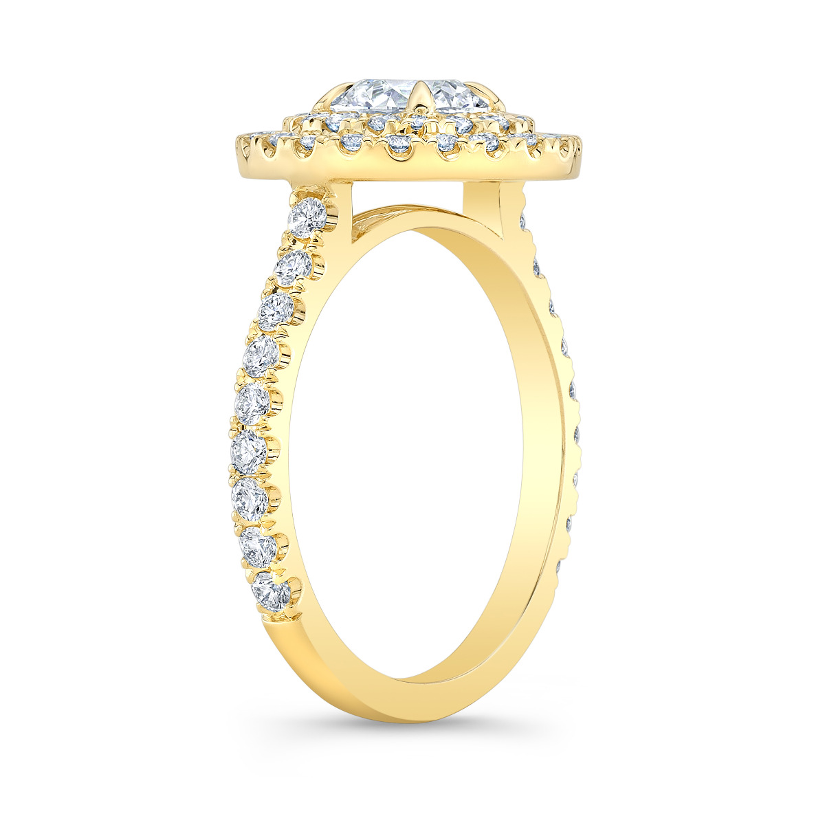 luxurious double Halo U-prong, pave natural diamonds engagement ring in side profile.
