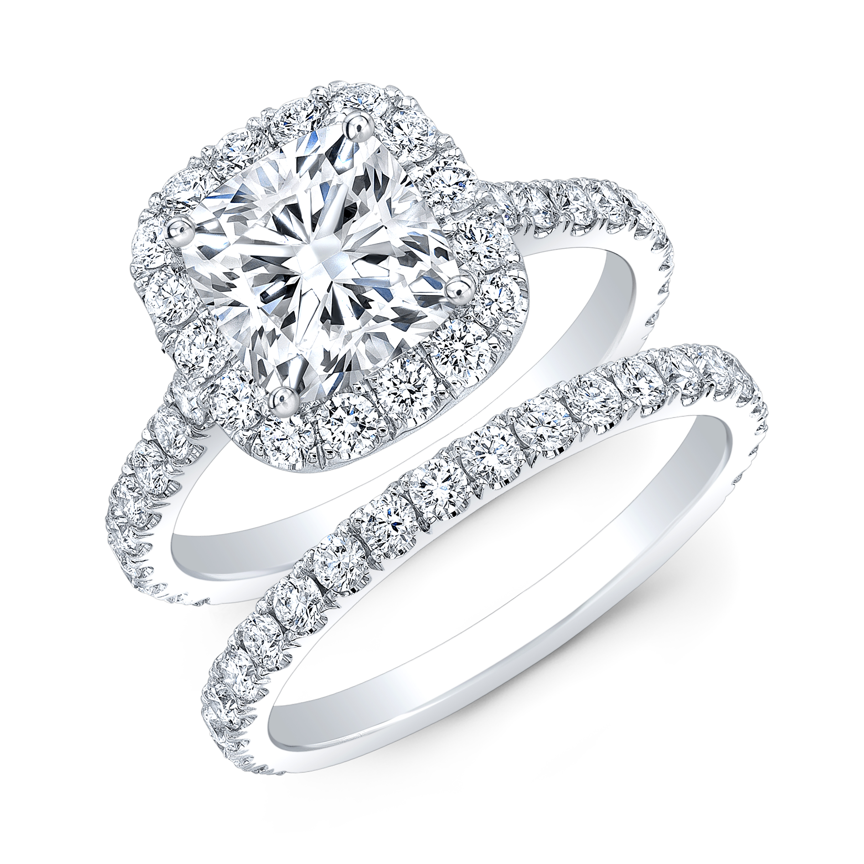 Cushion Cut Halo Engagement Ring In White Gold (1 Carat Center) with Wedding Band 