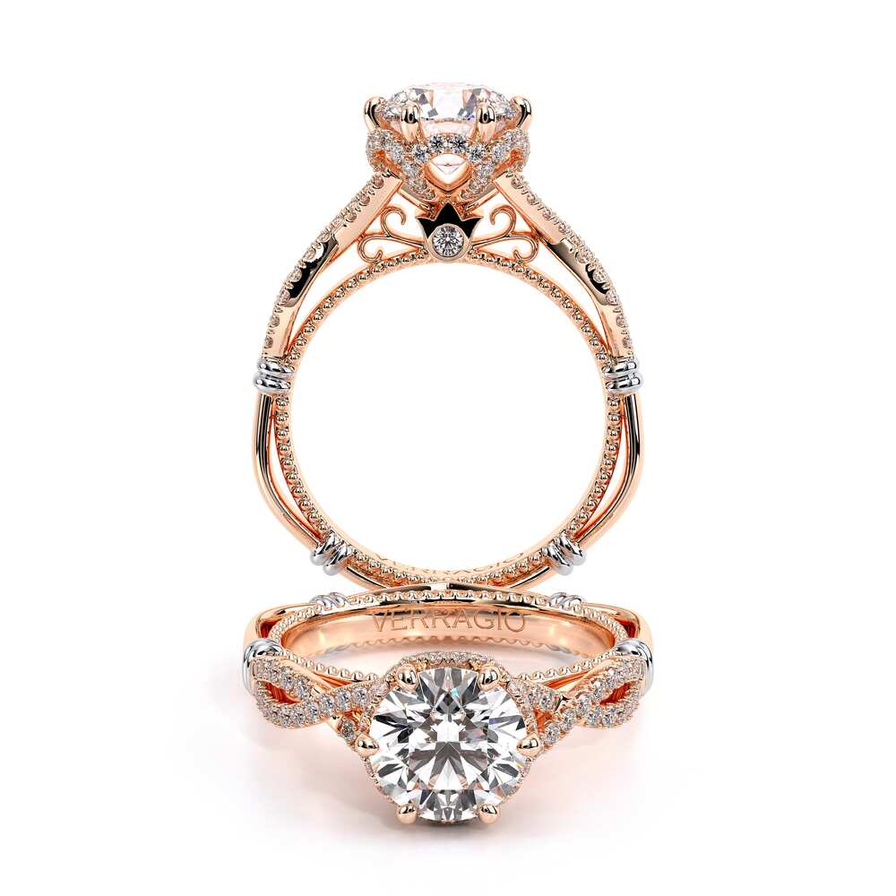 Set on a rose gold Parisian 153 with a round center stone