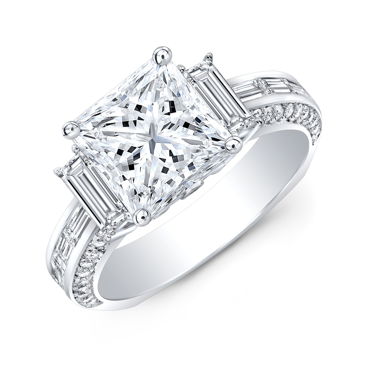 3 Stone Pave and Baguette Channel Set Engagement Ring 