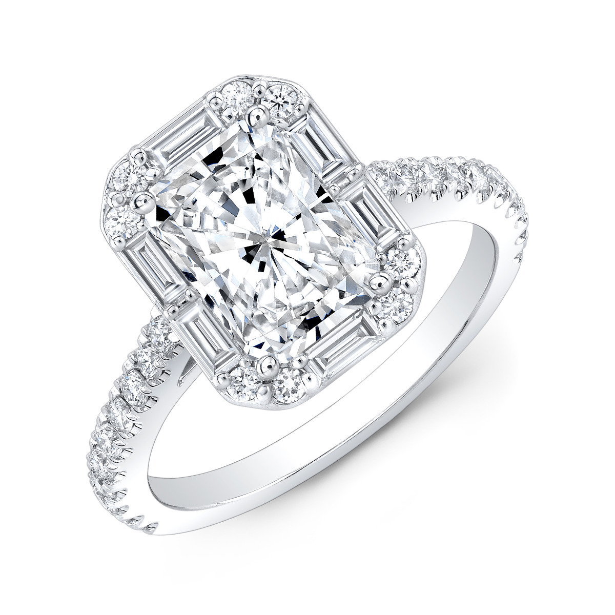 This engagement ring features stunning Baguette and Pave Diamonds on the halo setting.  