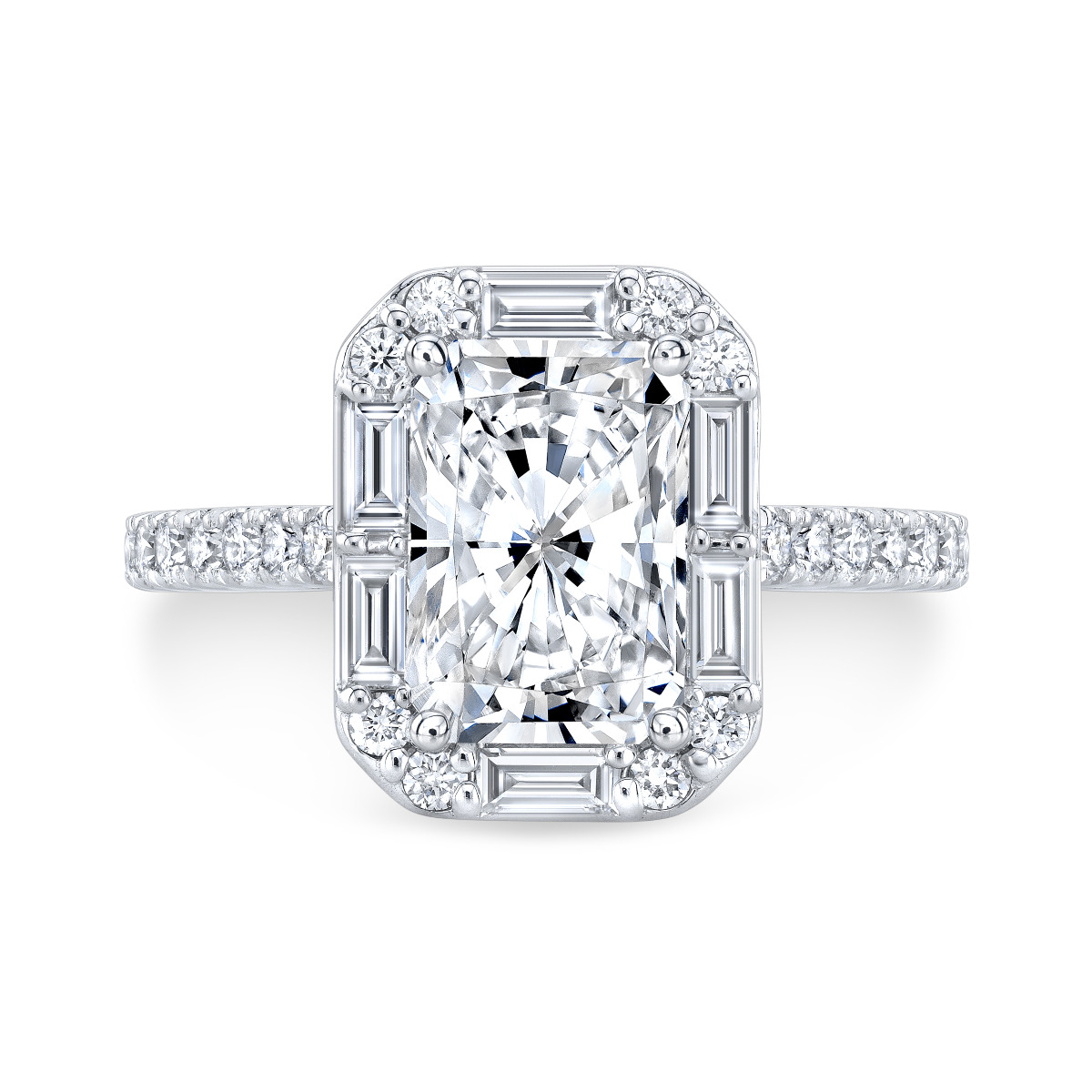 In front view, this engagement ring features stunning Baguette and Pave Diamonds on the halo setting.  
