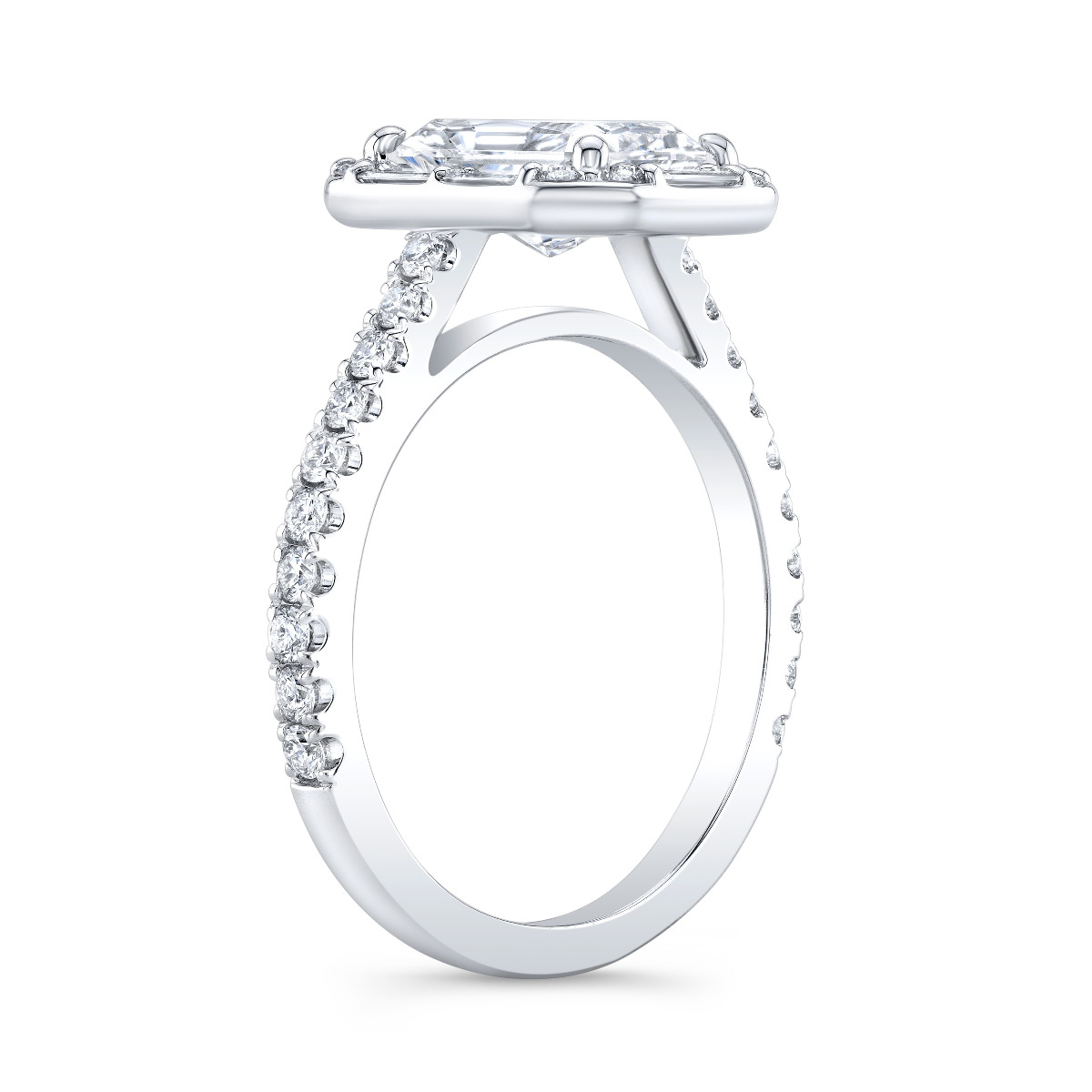 This engagement ring features stunning Baguette and Pave Diamonds on the halo setting, viewed from a side profile.
