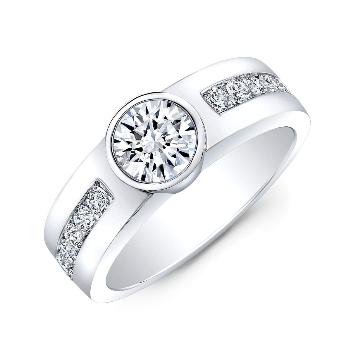 2ct. Natural Diamond Round cut Wide Shank Round Channel Diamond Engagement  Ring or Men's Band 14K White Gold GIA
