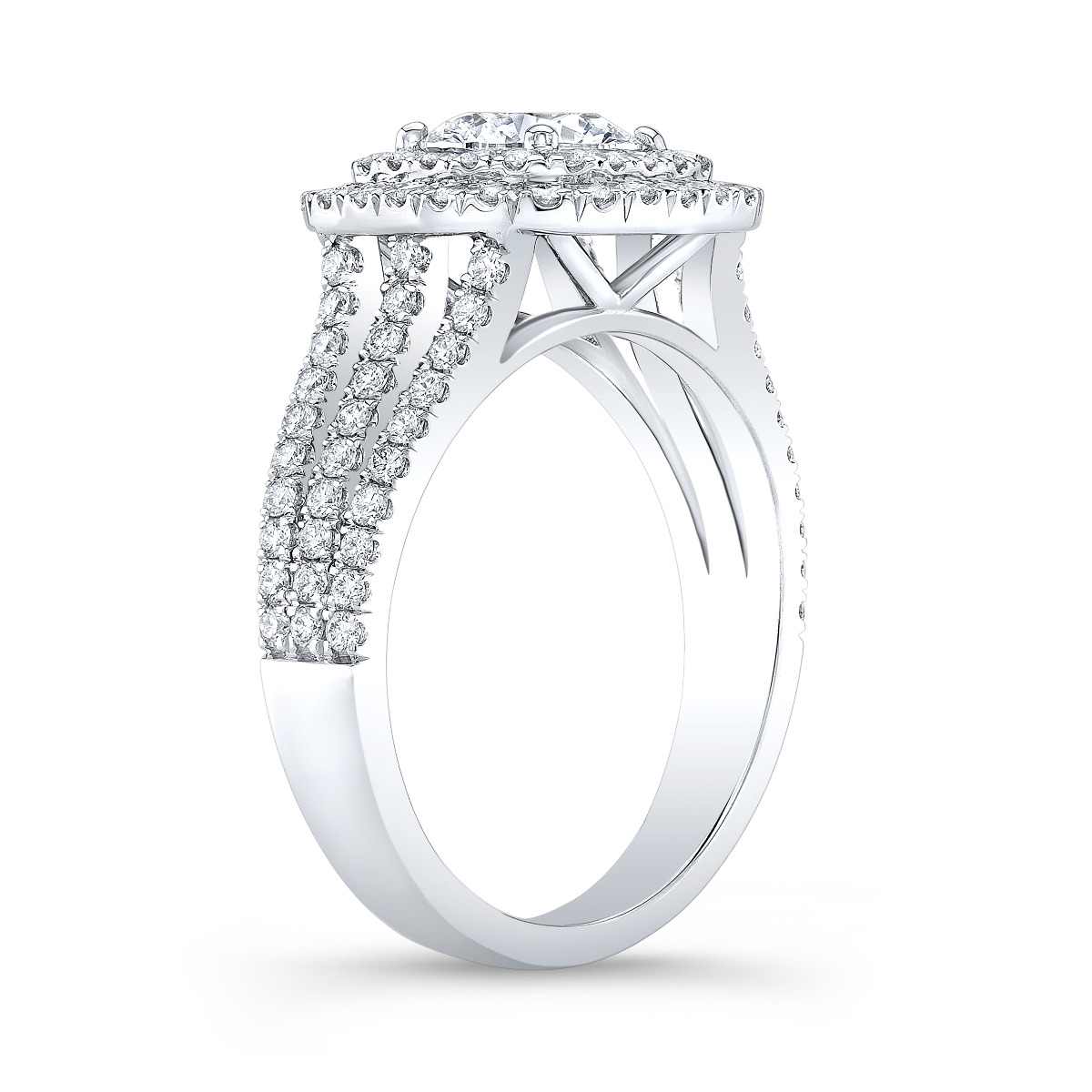Double Halo Triple Row Shank Diamond Engagement Ring