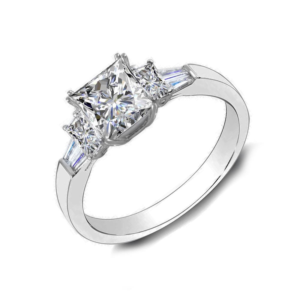 4-Prong Ring with Baguette Sidestone Natural Diamonds Engagement Ring