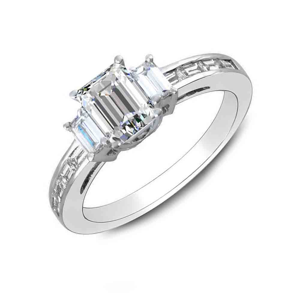 3-Stone 3-sided Channel Set w/ Emerald Sidestones Diamond Ring