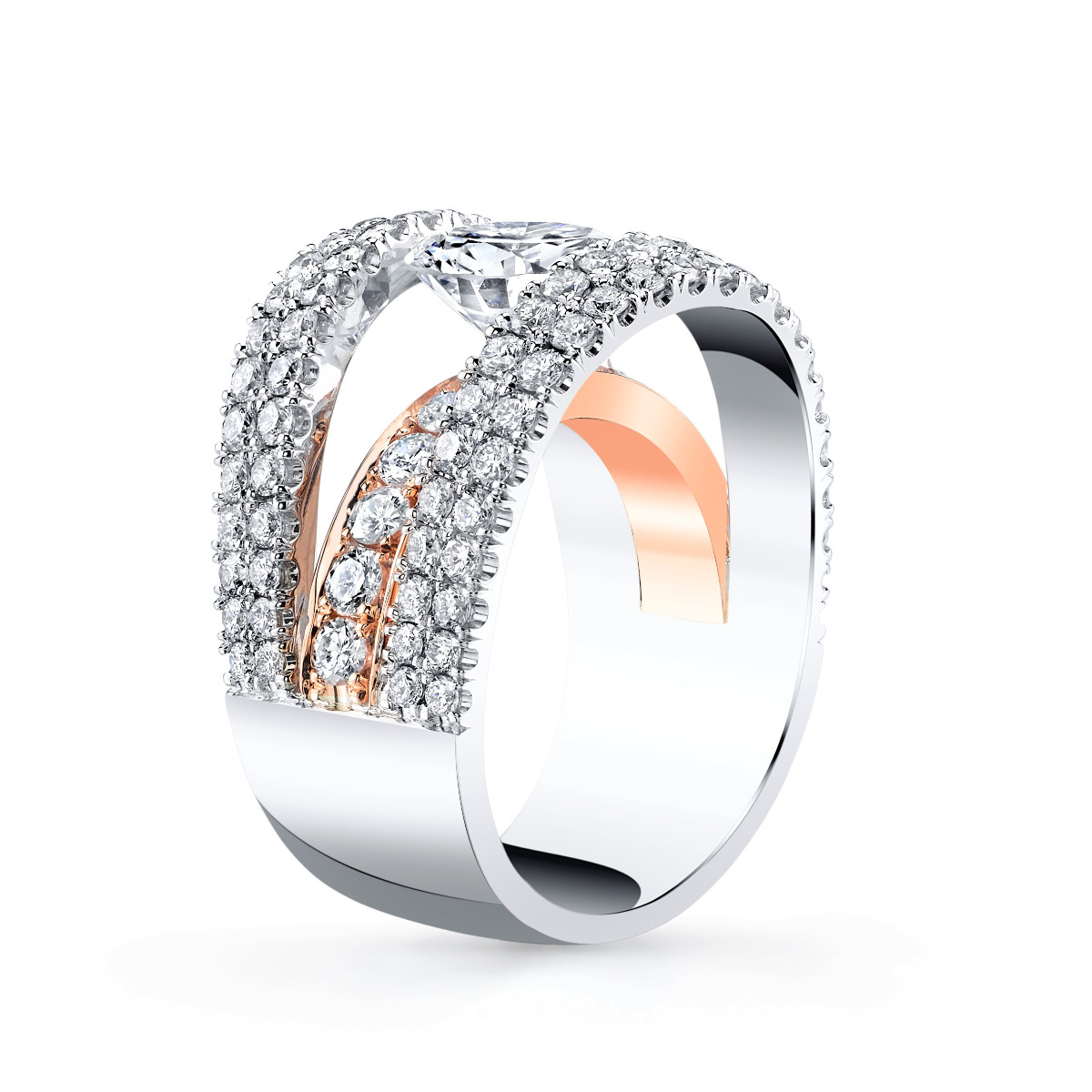 5 Row Pave Tension Set Two Toned Diamond Engagement Ring